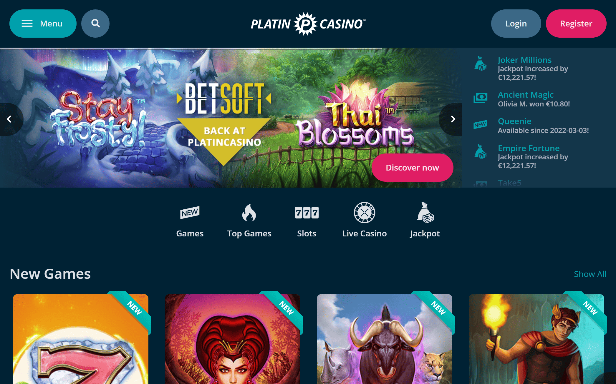 Platin Casino Landing Page